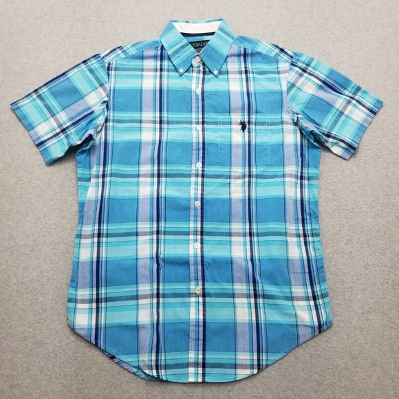 Us Polo Assn Shirt Mens Small Blue Plaid Casual‎ Button Up Short Sleeve Pocket - Picture 1 of 9